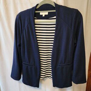 SKIES ARE BLUE OPEN FRONT BLAZER NAVY OUTSIDE BLUE/WHITE STRIP LINING SIZE SMALL